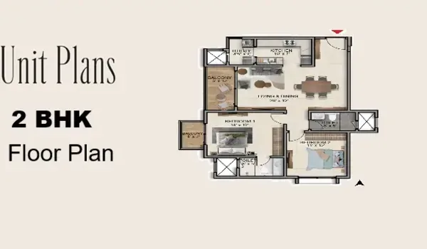 Indicative 2 BHK unit layout showing living and dining, kitchen, two bedrooms and balcony