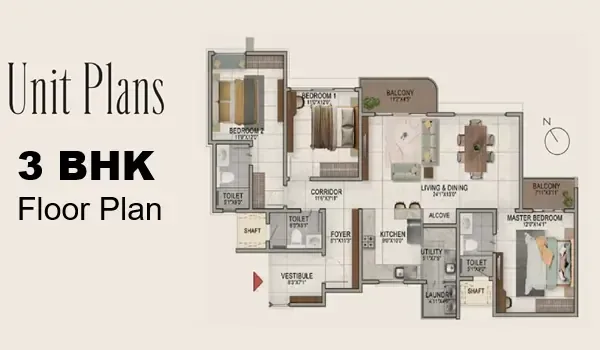 Indicative 3 BHK unit layout with living and dining, kitchen, three bedrooms and balconies