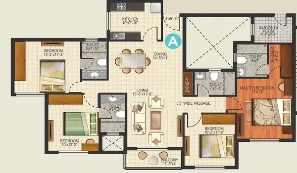 Indicative 4 BHK unit layout with four bedrooms, living and dining, kitchen and utility