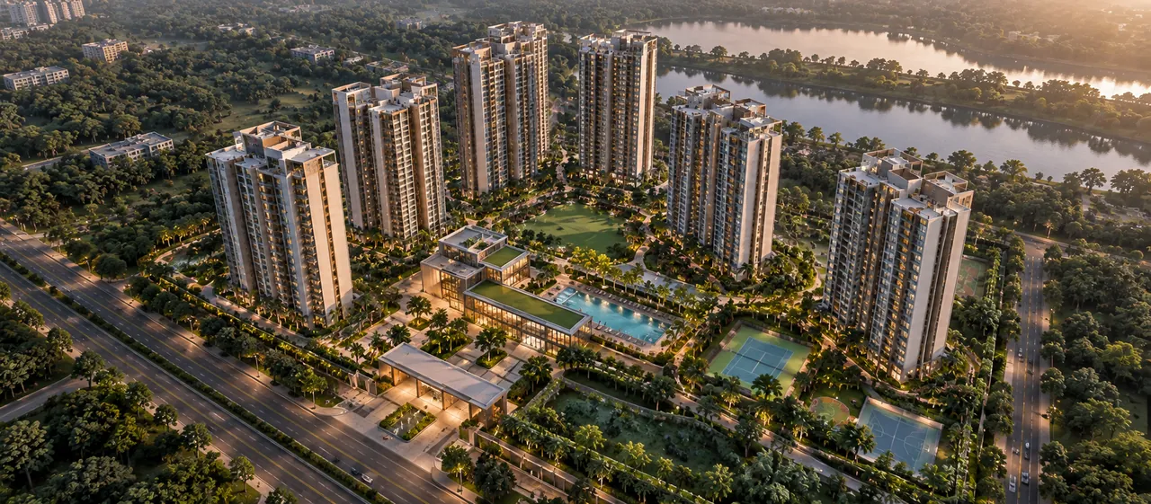 Aerial view of the towers set among tree cover with a lake on the horizon