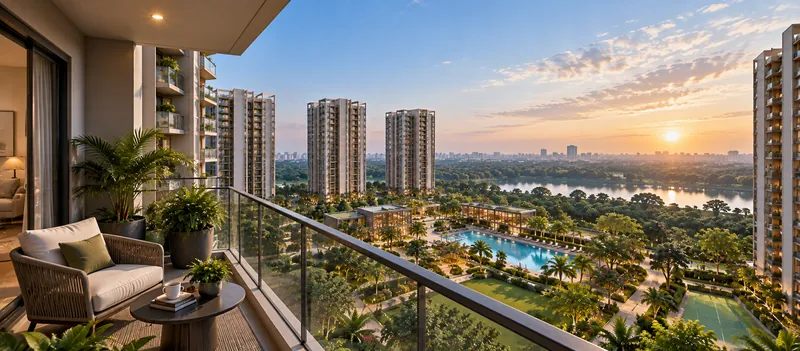 View from an apartment balcony over the landscaped deck, pool and open horizon