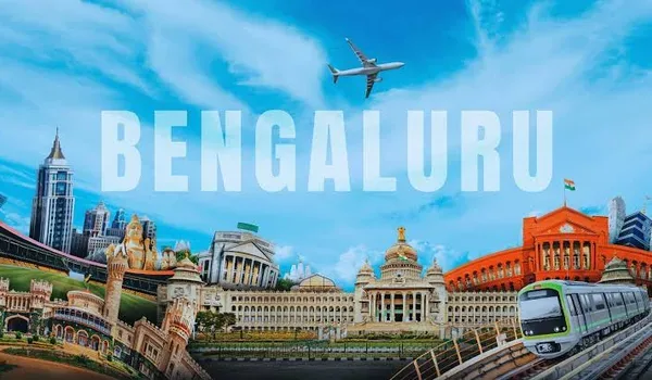 Composite of Bengaluru landmarks including Vidhana Soudha and a metro train
