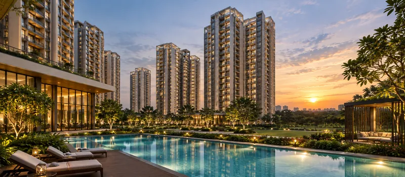 Illuminated swimming pool and clubhouse terrace below the towers at dusk
