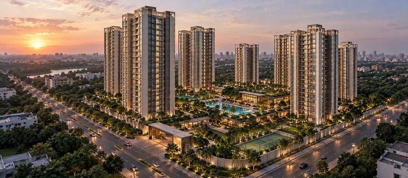 Illuminated towers and internal roads viewed from above at dusk