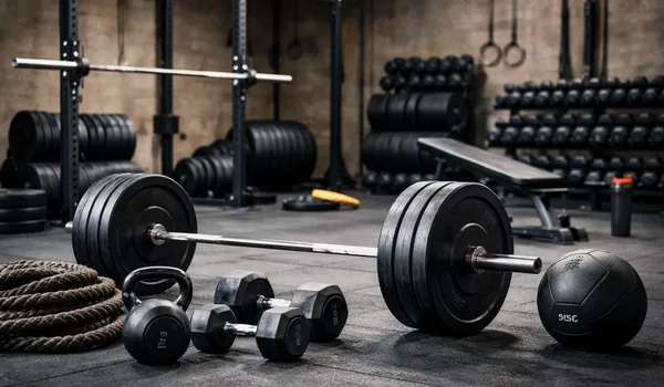 Fitness equipment arranged in a naturally lit gymnasium interior