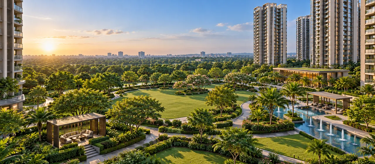 Central landscaped lawn and water features framed by the residential towers