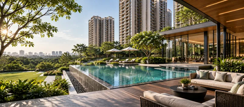 Shaded poolside lounge seating looking across the pool towards open greenery