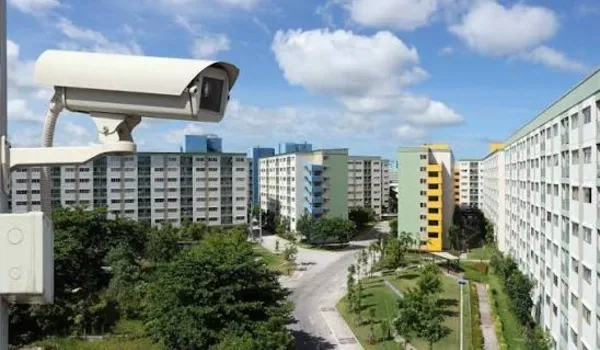 Security camera monitoring a residential entrance gateway