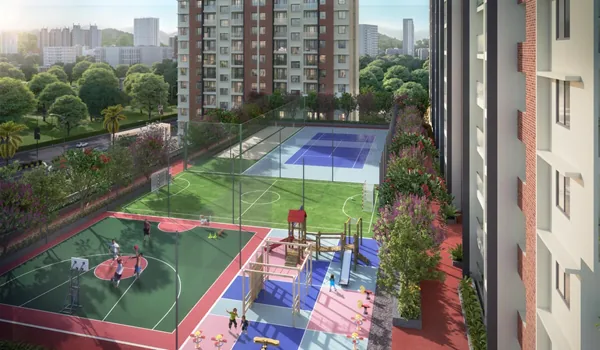 Outdoor sports court with surface markings and floodlight standards