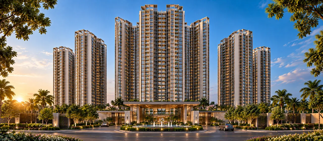Front elevation of the Sattva Evermore towers above a lit arrival court at sunset