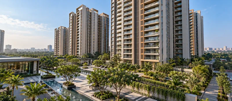Balconied tower facades seen from the landscaped water court in daylight